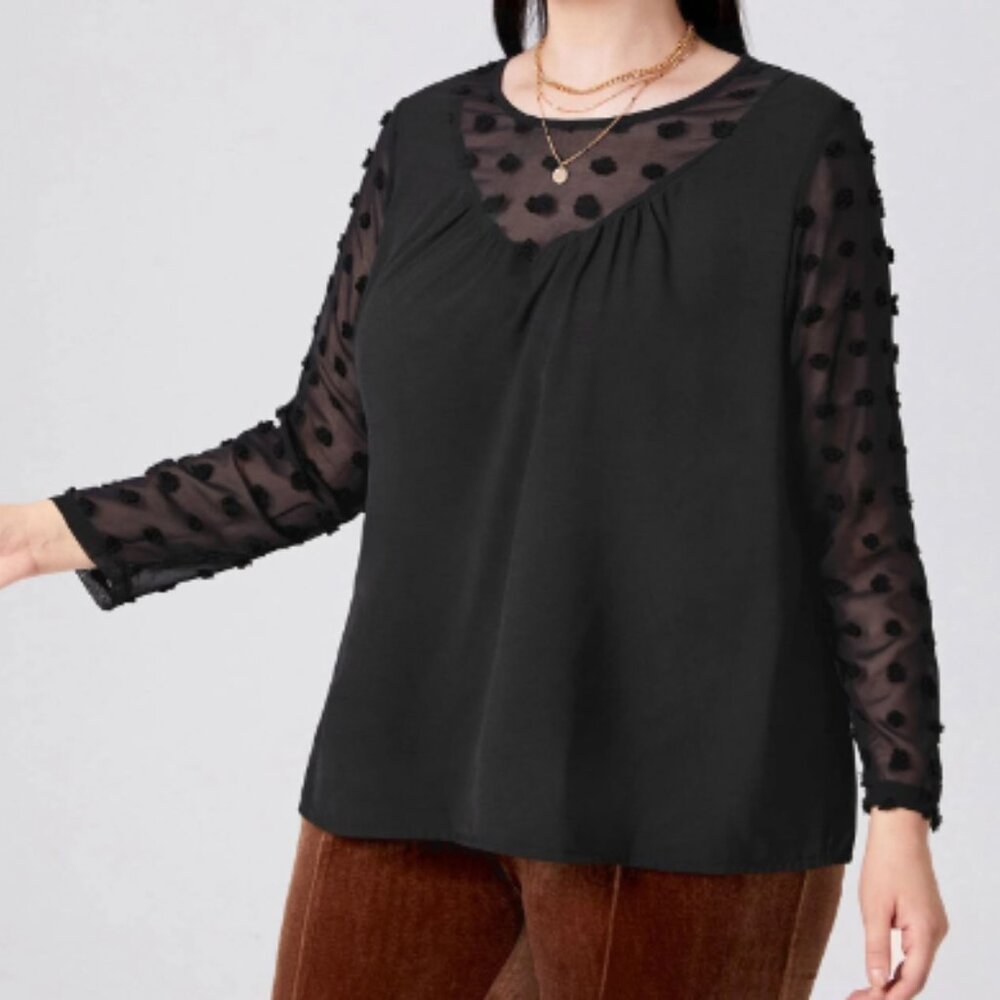 NWOT SHEIN Women 3X Sheer Black Polka Dot Plus Swiss Dot Solid Blouse Shirt Top